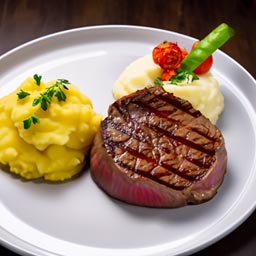 filet mignon served with garlic mashed potatoes and seasonal vegetables.