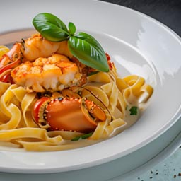Al dente linguine pasta tossed in a creamy lobster bisque sauce, garnished with chunks of succulent lobster meat.