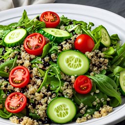 A refreshing salad with mixed greens, quinoa, cherry tomatoes, cucumber, and balsamic vinaigrette.