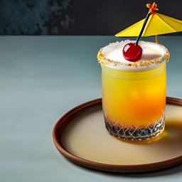 A tropical blend of rum, pineapple juice, and coconut cream, garnished with a cherry and umbrella.